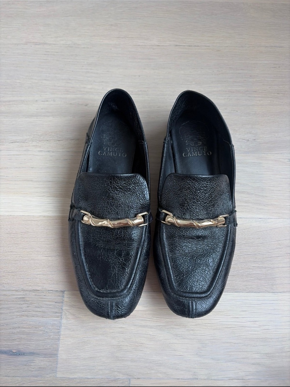Women's Vince Camuto Black Leather Loafers with Gold Bit